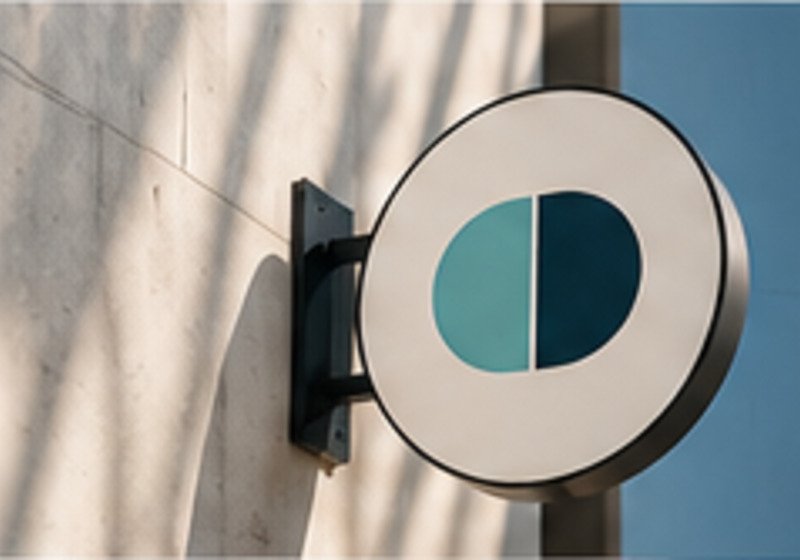 A circular storefront sign with a teal brand mark