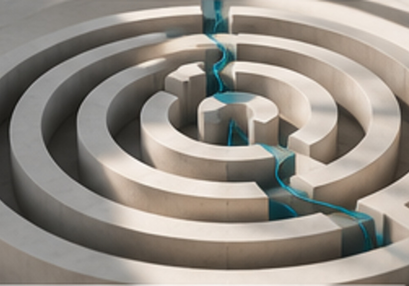 A teal thread connecting the route through a circular labyrinth